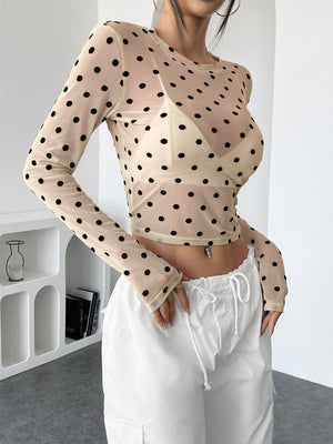 Polka Dots Mesh T-shirt Sheer Tops