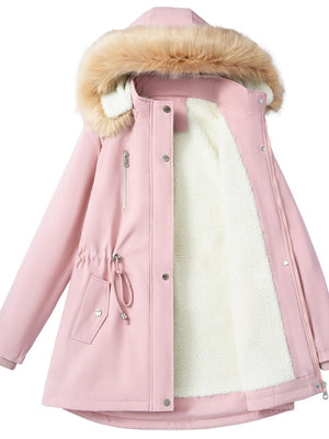 Mid-length Raincoat Water Proof Outdoor Drawstring Fur Collar Cotton-padded Jackets And Windbreakers