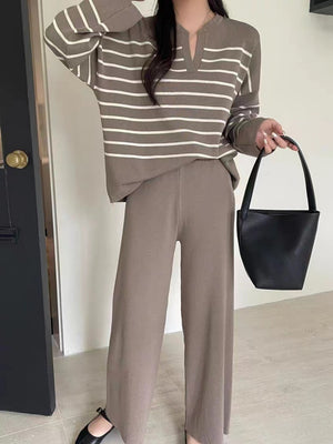 Stylish Two-piece Set: Loose Striped Knit Top, Casual High-waisted Wide-leg Knit Pants