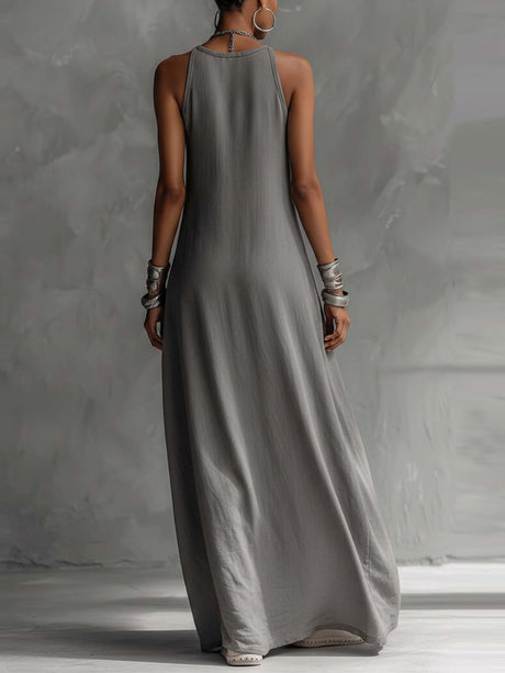 Sleeveless Loose-fit Pocket Color-blocked Leisure Off-shoulder Maxi Dresses