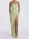 Pleated Slit Strapless Waist Maxi Dresses