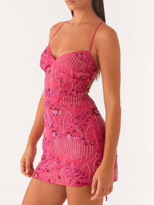 Sequin Beads Spaghetti Strap Backless Tie Sweet Mini&Short Dresses