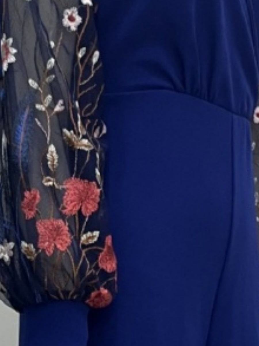 Blue V-neck Patchwork Embroidered Lantern Sleeves Bell-bottoms Commuting Jumpsuits