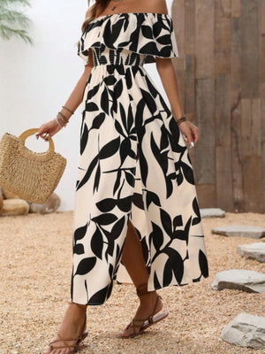 Ruffled Leaf Print Off-Shoulder Long Dress