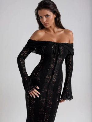【EXPÉDITION NORMALE】Robes maxi moulantes en dentelle ajourée, épaules dénudées et manches évasées