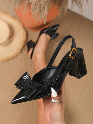 Bow-tie Pointed-toe Embossed Patchwork Open-back High Heels