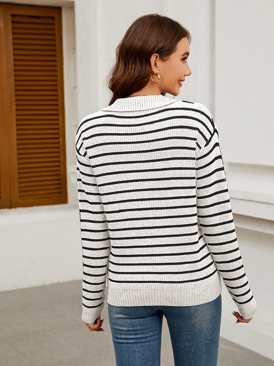 Liber Autumn Women's V-neck Contrasting colors Stripes Jacket Woolen