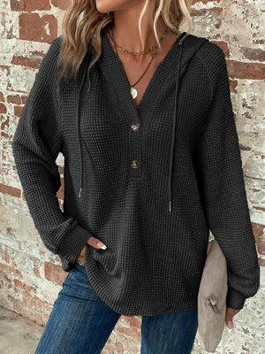Waffle Drawstring Buttons V-neck Long Sleeve Hoodie