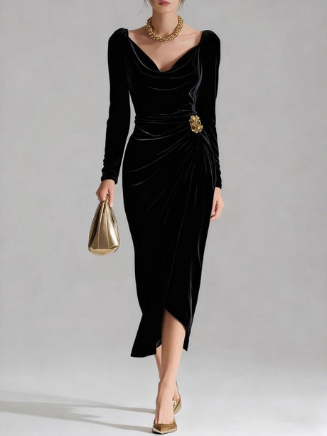Velvet Cowl Neck Midi Party Dress