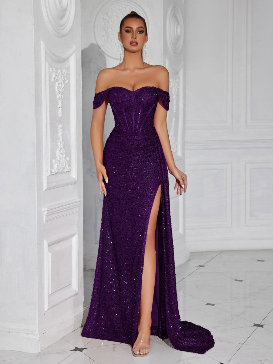 Sequined Strapless Sexy Banquet Dress With Slit, Long And Fitted