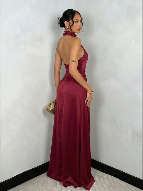 Satin High Fork Crew Neck Halter Backless Pleated Long Dress