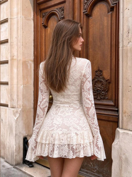 V-neck Lace Ruffle Mini&Short Dresses