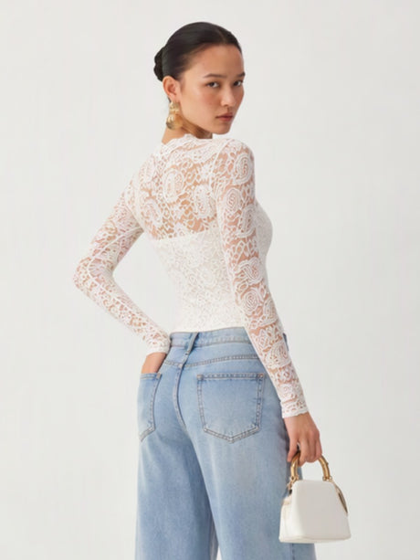 Haut en dentelle transparente à manches longues et col montant, coupe ajustée et élégante, idéal pour une soirée au quotidien :