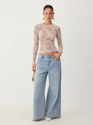 Mesh Print Crew Neck See-through T-shirt