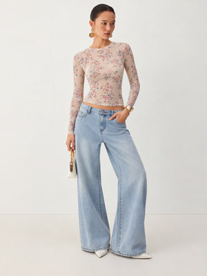 Mesh Print Crew Neck See-through T-shirt