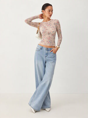 Mesh Print Crew Neck See-through T-shirt