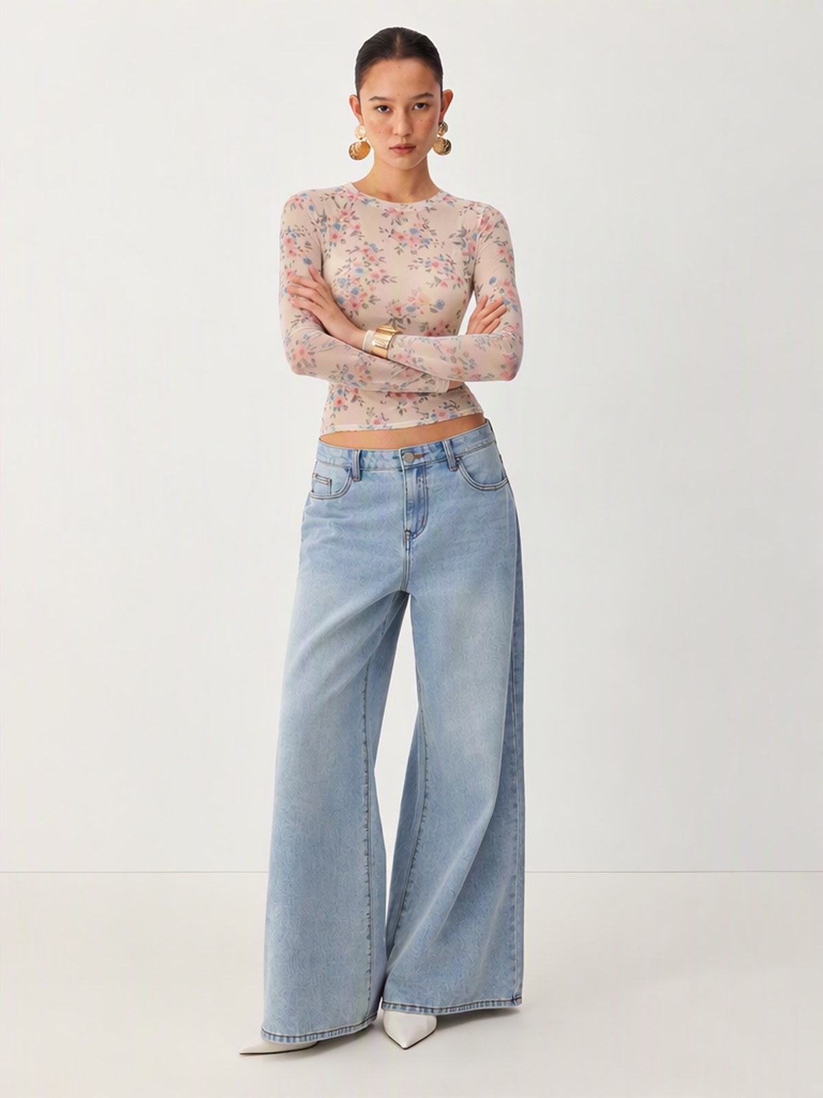 Mesh Print Crew Neck See-through T-shirt