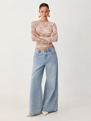 Mesh Print Crew Neck See-through T-shirt