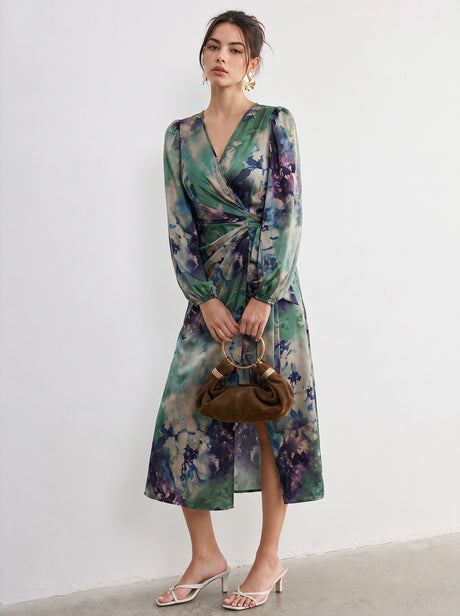 Printed V-neck Cardigan With Belt Midi Dresses