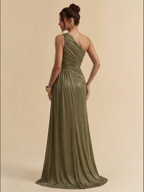 Olive Green Pleated Ribbon Sparkling Maxi Dresses
