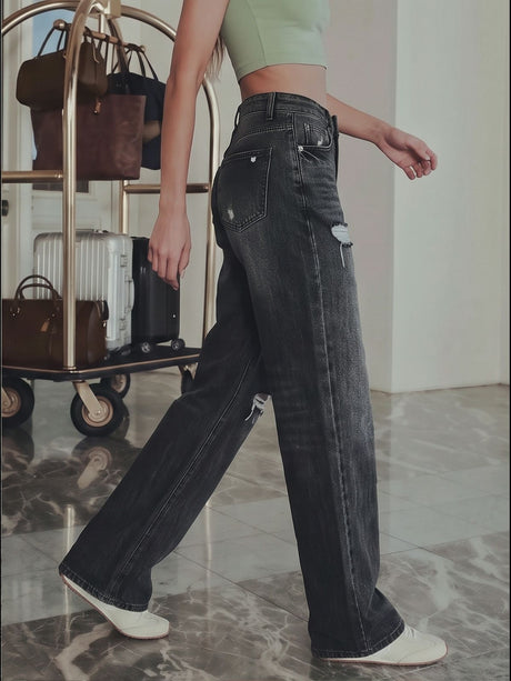 Jean déchiré taille haute à jambes larges et délavés 