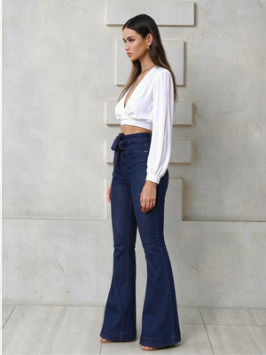 High-waisted, Hip-lifting, Drawstring Flared Jeans