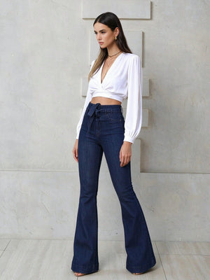 High-waisted, Hip-lifting, Drawstring Flared Jeans