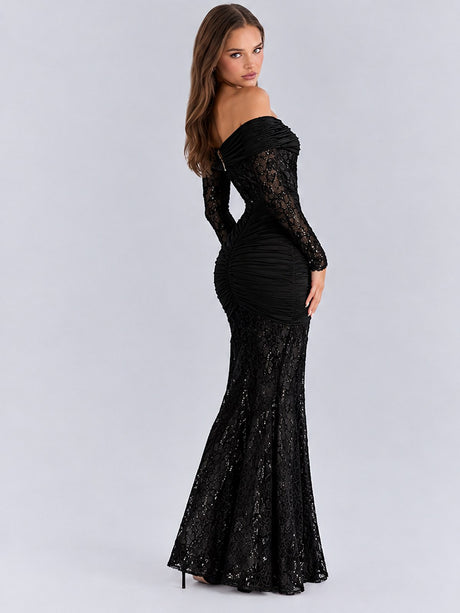 Off Shoulder Hollow Lace Splicing Long Sleeve Hip-hugging Maxi Dresses