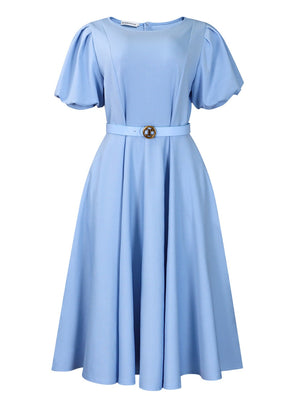 Puff Sleeve High Waist Crew Neck Large Skirt Commuting Leisure Midi Dresses