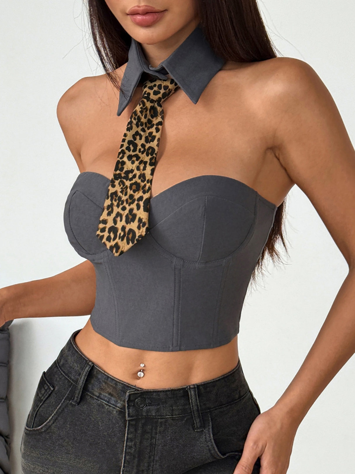 Leopard Print POLO Tie Fishbone Breastband Tank Tops&Camis