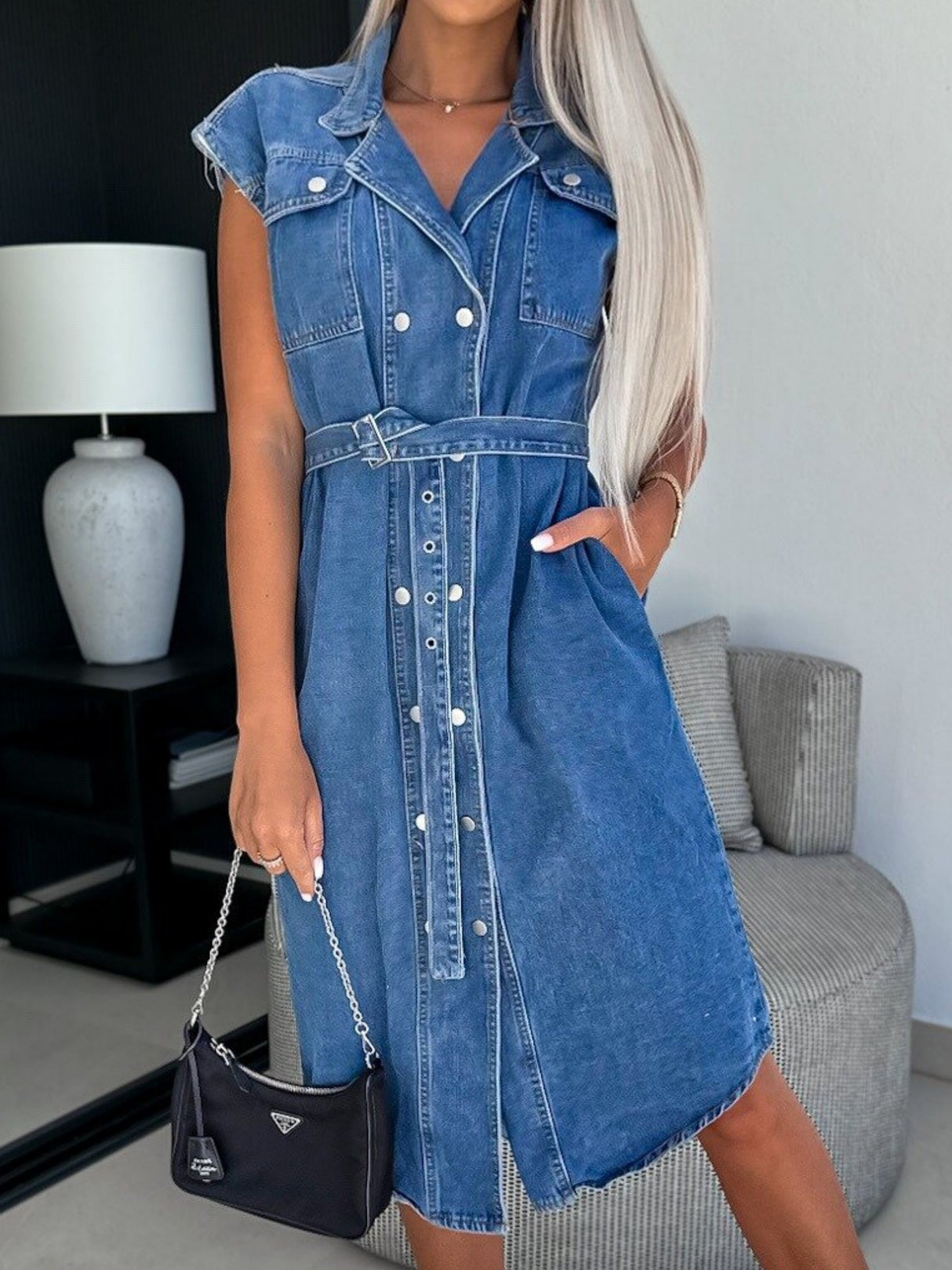Denim Collared Sleeveless Studded Pockets Waist Tie Maxi Dresses