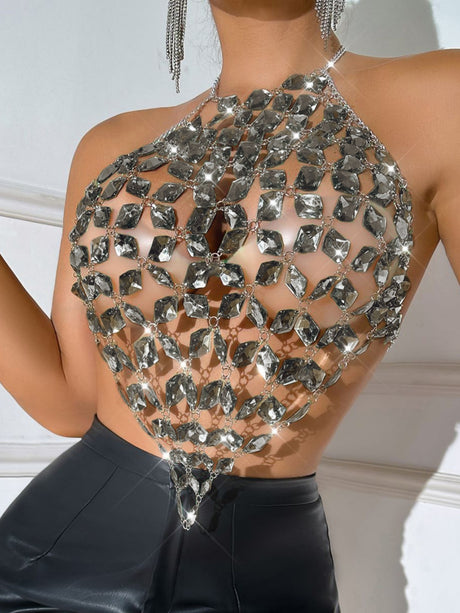 Diamond-studded Openwork Chain Splicing Halter Neck And Backless Tank Tops&Camis