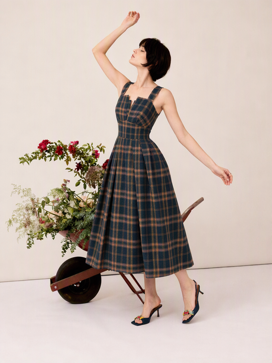 Plaid Camisoles Retro Waist Shaping Big Swing Midi Dresses