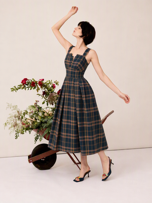 Plaid Camisoles Retro Waist Shaping Big Swing Midi Dresses