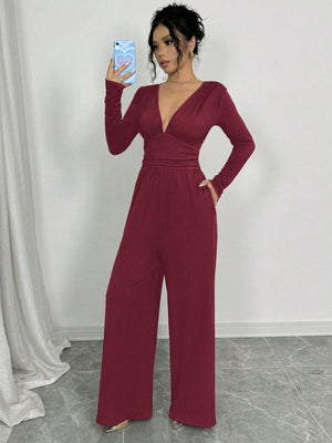Deep V Solid Color Ribbed Sexy Slim Waist Elegant Jumpsuit