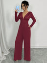 Deep V Solid Color Ribbed Sexy Slim Waist Elegant Jumpsuit