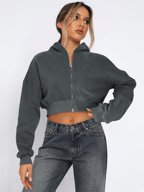 Women's Autumn/Winter Solid Color Zipper Cardigan Long Sleeve Short Hooded Sweatshirt
