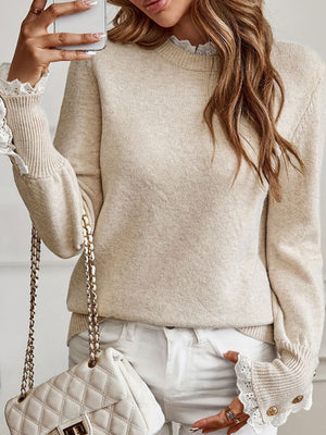 Splicing Lace Trim Crew Neck Long Sleeve Buckle Pullover Knit Sweater