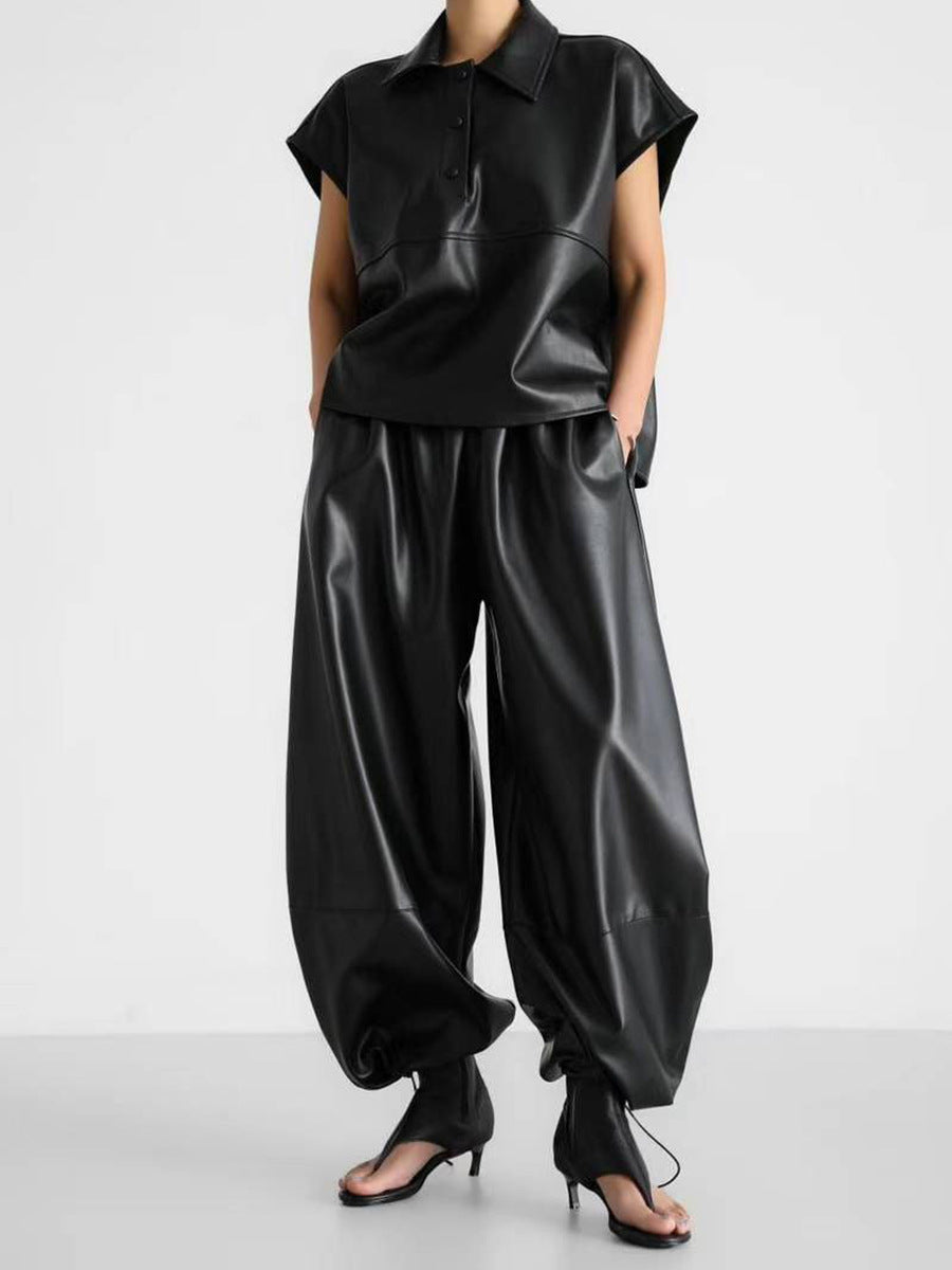 Drawstring Ankle Lantern Pants Loose Leather Pants PU Leather Trousers