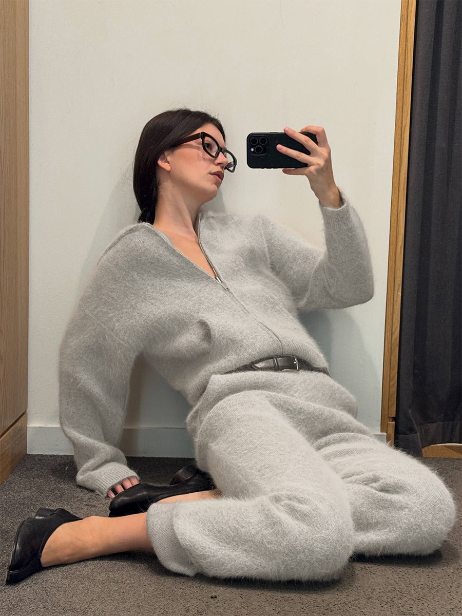 Faux Mink Fur Hooded Zip-up Cardigan Sweater With Double Pockets And Knitted Trousers Two-piece Set