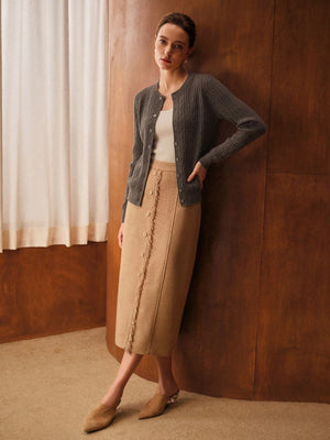 Wool Blend Cable Knit Crew Neck Single-breasted Cardigan