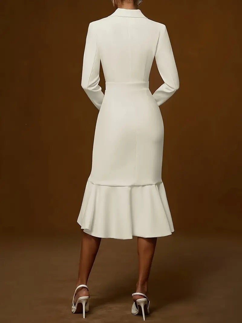 Suit Collar, Elegant, Fitted Waist, Bodycon, Fishtail Midi Dress