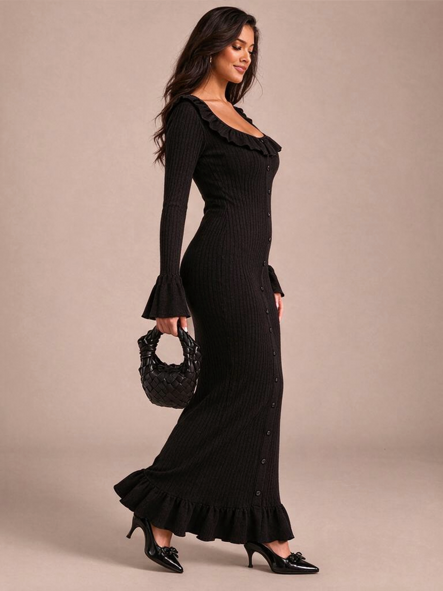 U-neck French Long-sleeved Simple Ruffled Knit Maxi Dress