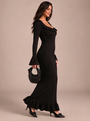 U-neck French Long-sleeved Simple Ruffled Knit Maxi Dress