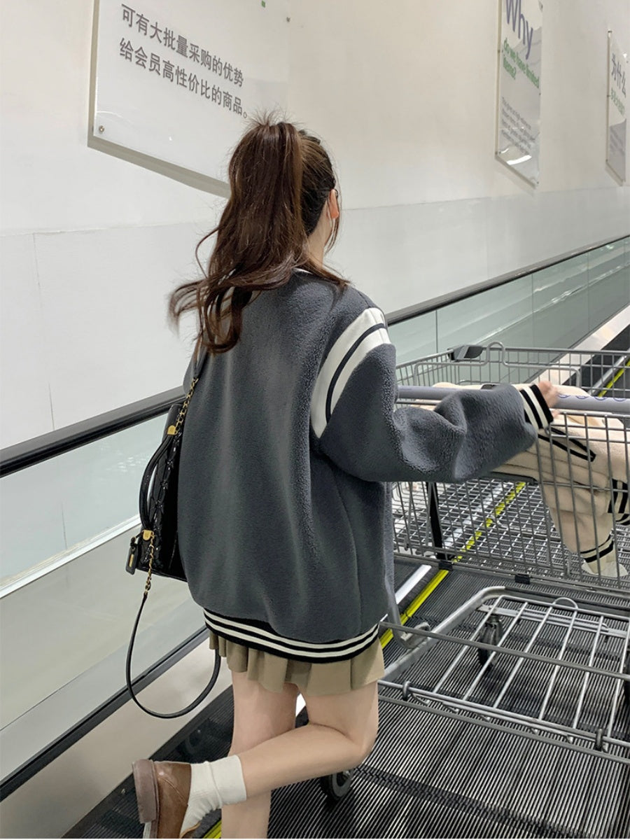 Baseball Uniform Contrasting Colors Splicing Fleece Lined Loose Jackets