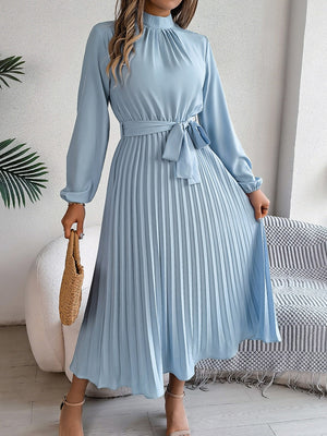 Stand Collar Long Sleeve Waist Pleats Midi Dresses