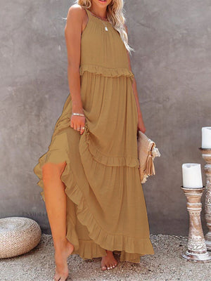 Ruffle Pleated Large Skirt Sleeveless Maxi Dresses
