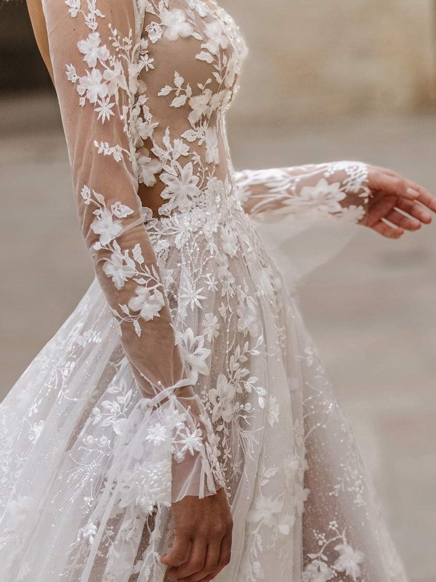 Sexy Long Sleeve V-neck Bridal Wedding Dress Maxi Dresses