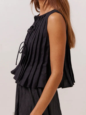 Cotton And Linen Straps Pleated Tank Tops