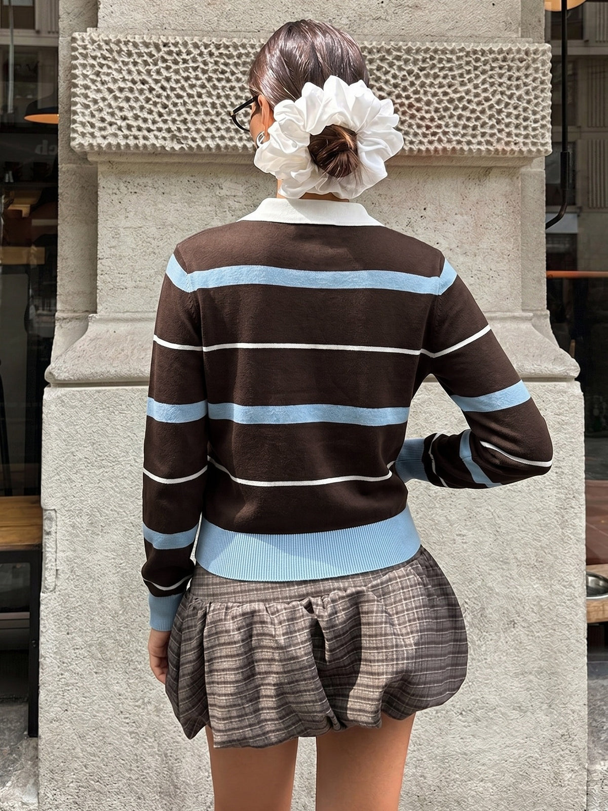 Preppy Style Striped Color-blocked Polo Collar Long-sleeved Fitted Sweater
